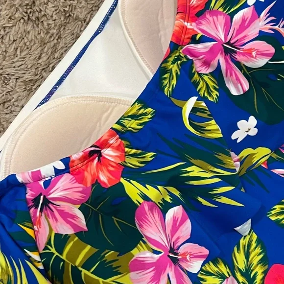Kona Sol Sz 14W One Piece Swimsuit Floral Ruffle Top Drop Shoulder - Picture 6 of 10